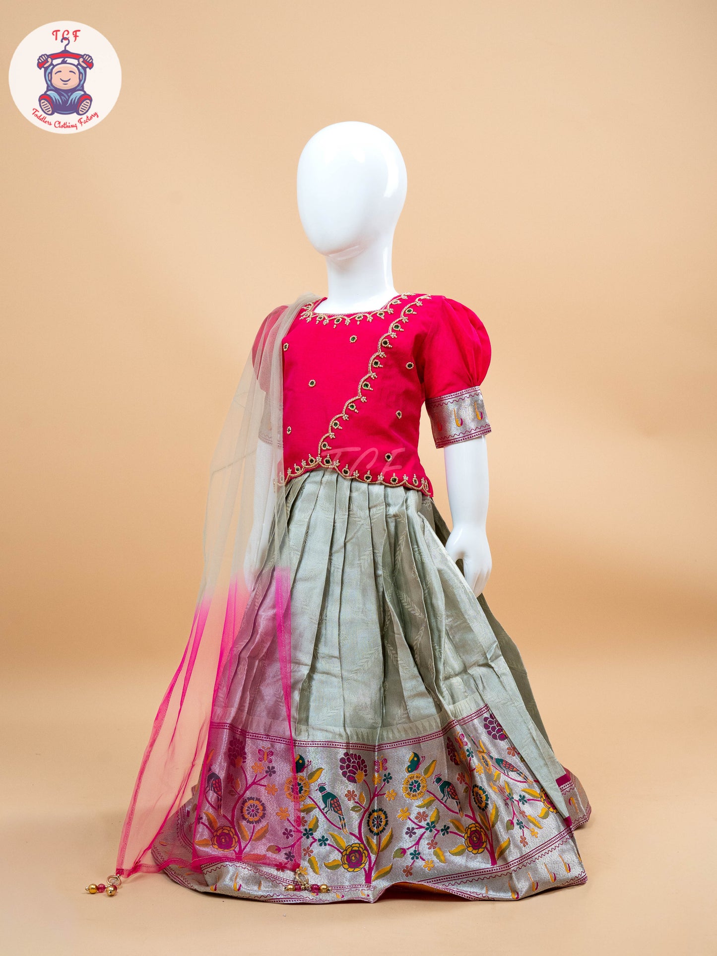 Pink & White Floral Print - Semi Leghanga Choli