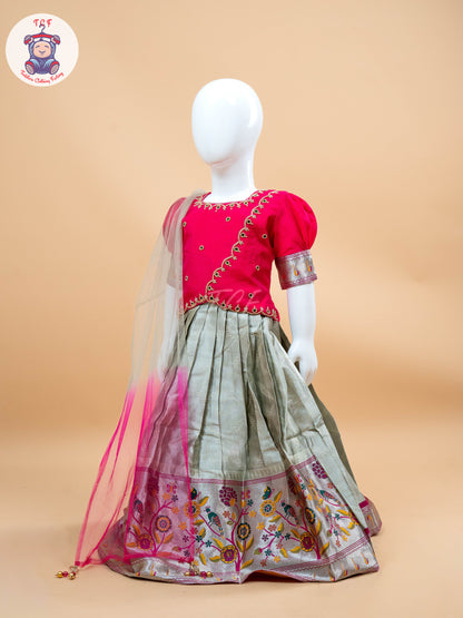 Pink & White Floral Print - Semi Leghanga Choli