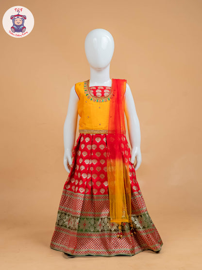 Orange & Red Floral Print - Semi Lehenga Choli