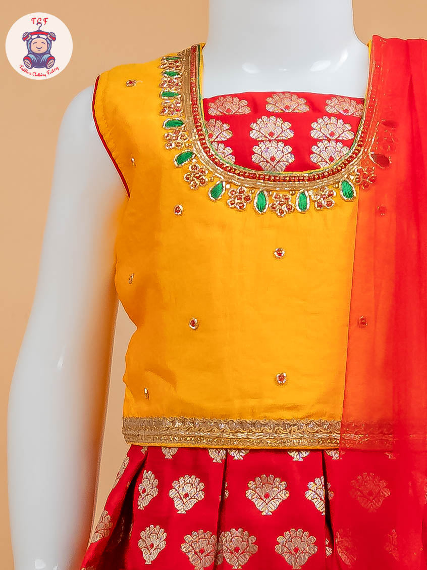 Orange & Red Floral Print - Semi Lehenga Choli
