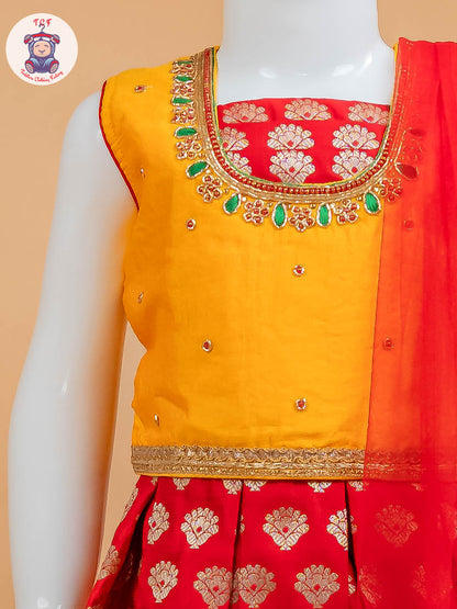 Orange & Red Floral Print - Semi Lehenga Choli