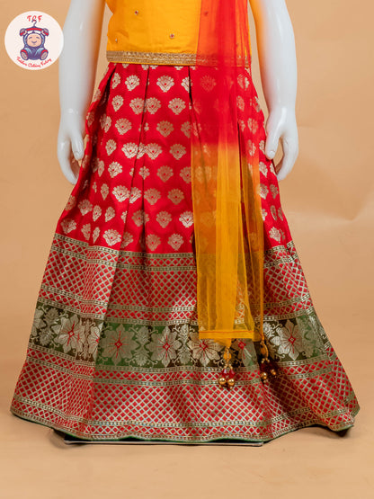 Orange & Red Floral Print - Semi Lehenga Choli