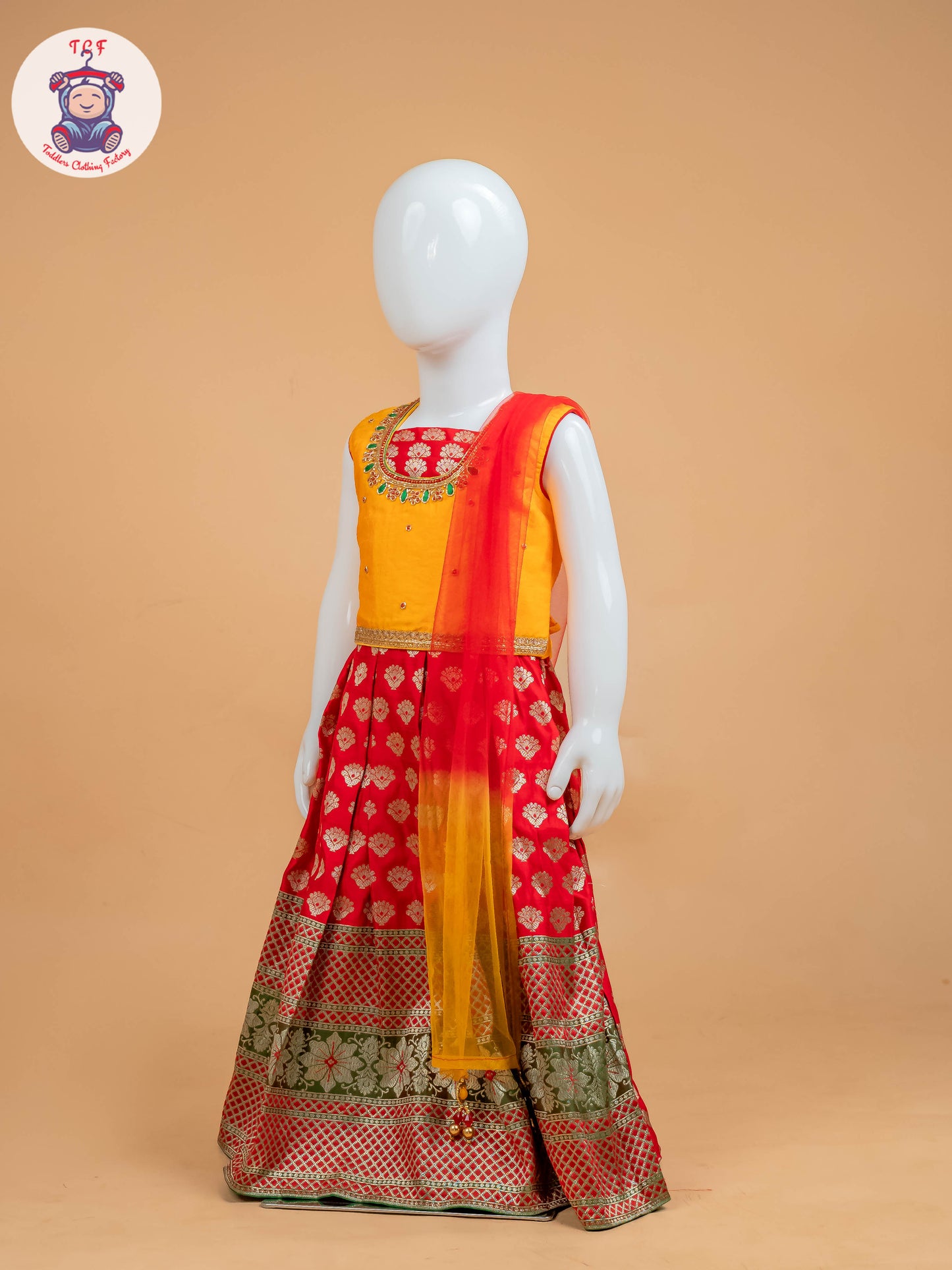Orange & Red Floral Print - Semi Lehenga Choli