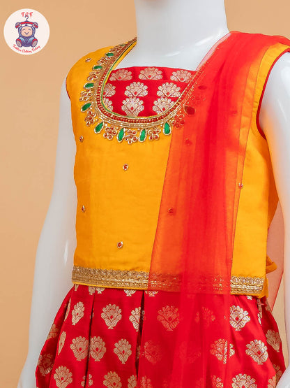 Orange & Red Floral Print - Semi Lehenga Choli
