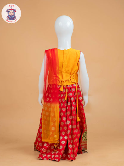 Orange & Red Floral Print - Semi Lehenga Choli