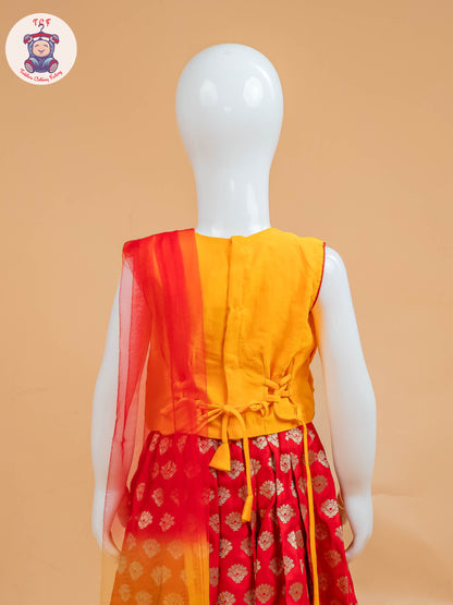 Orange & Red Floral Print - Semi Lehenga Choli
