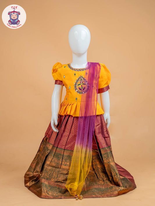 Yellow & Maroon Floral Print - Semi Leghanga Choli