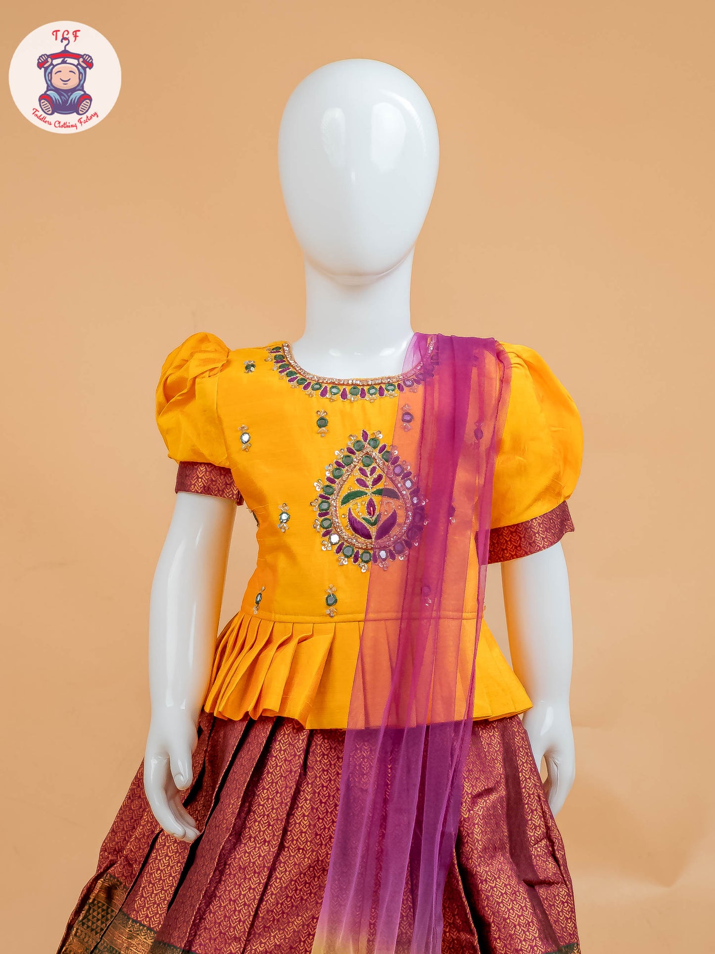 Yellow & Maroon Floral Print - Semi Leghanga Choli