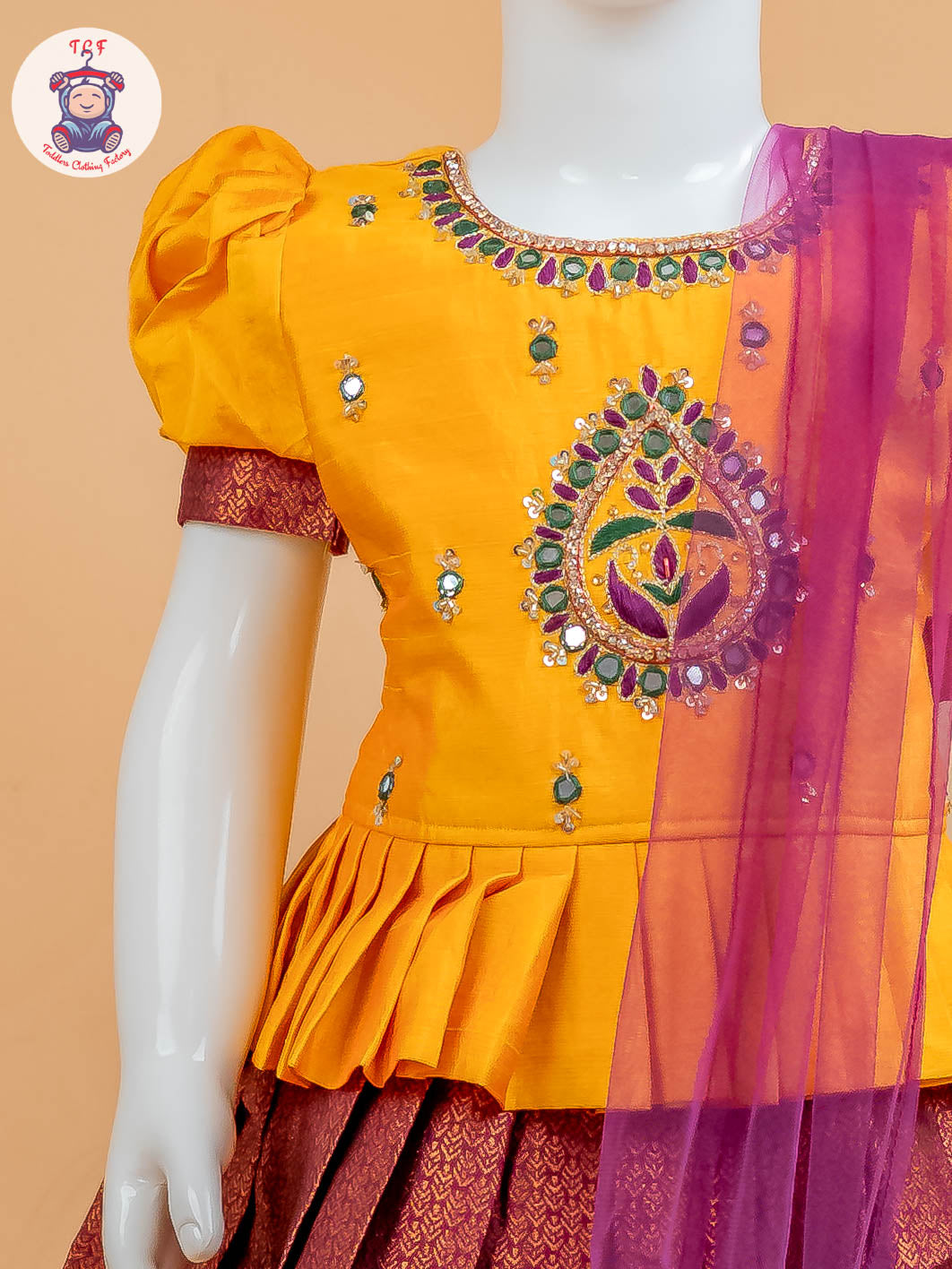 Yellow & Maroon Floral Print - Semi Leghanga Choli