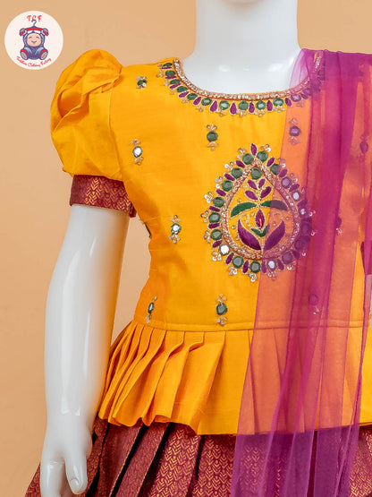 Yellow & Maroon Floral Print - Semi Leghanga Choli