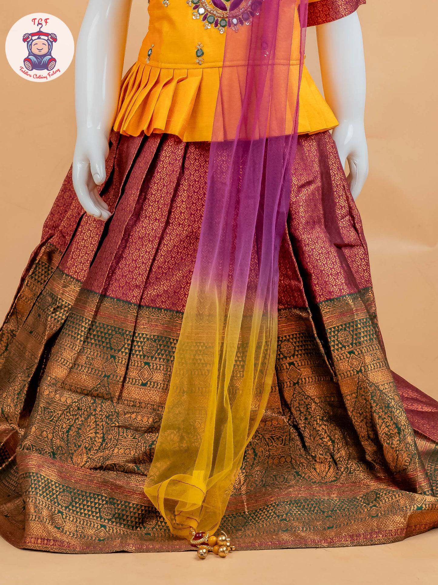 Yellow & Maroon Floral Print - Semi Leghanga Choli