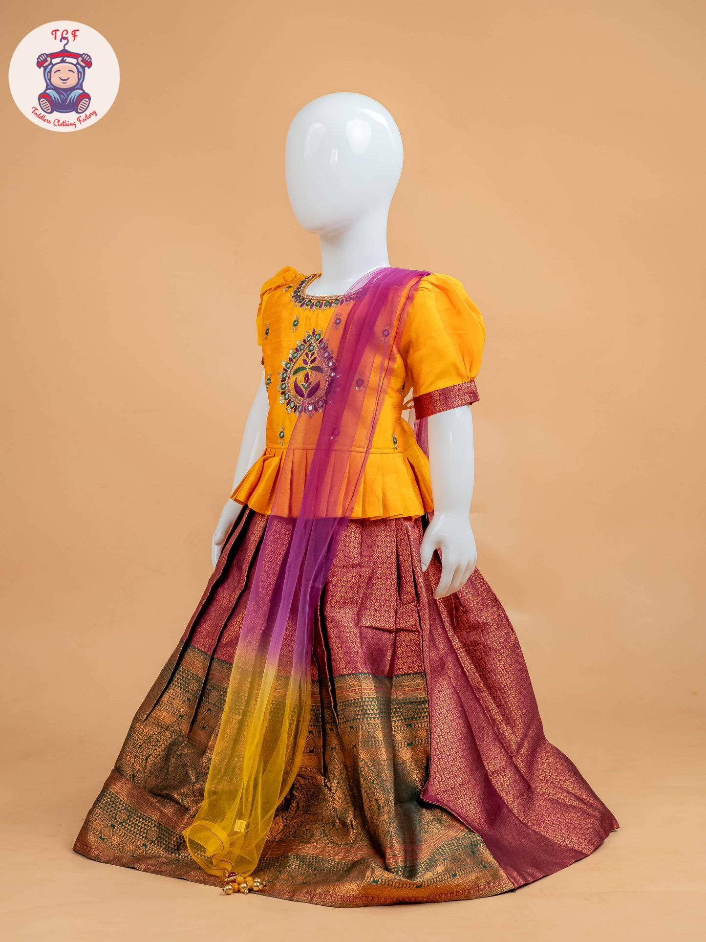 Yellow & Maroon Floral Print - Semi Leghanga Choli