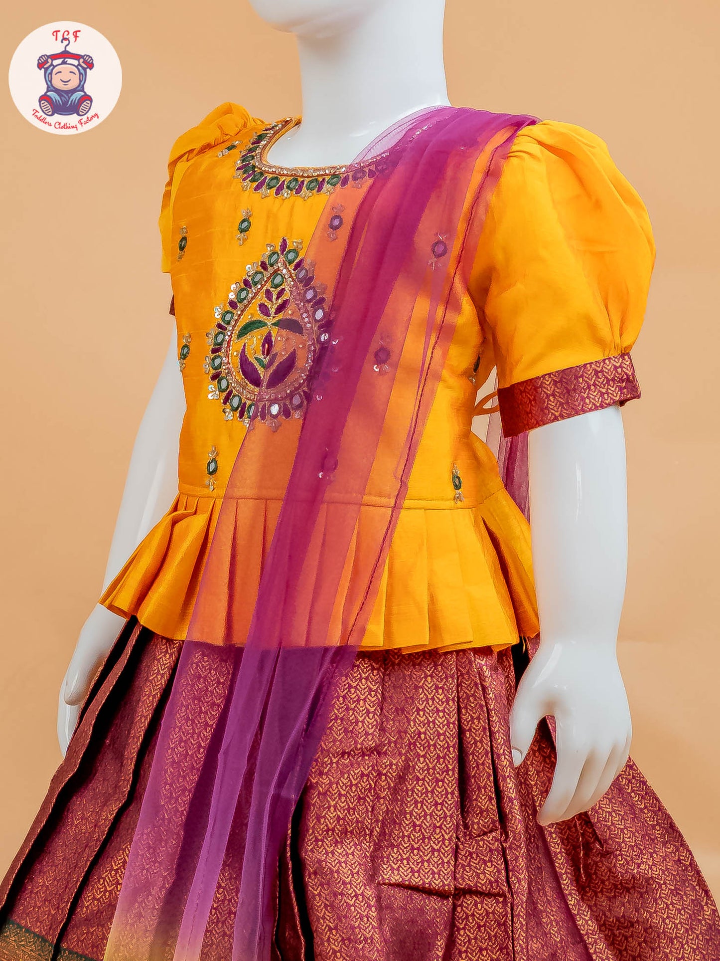 Yellow & Maroon Floral Print - Semi Leghanga Choli