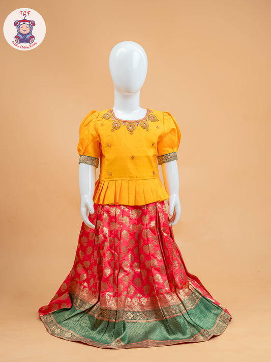 Yellow & Red Floral Print - Semi Leghanga Choli