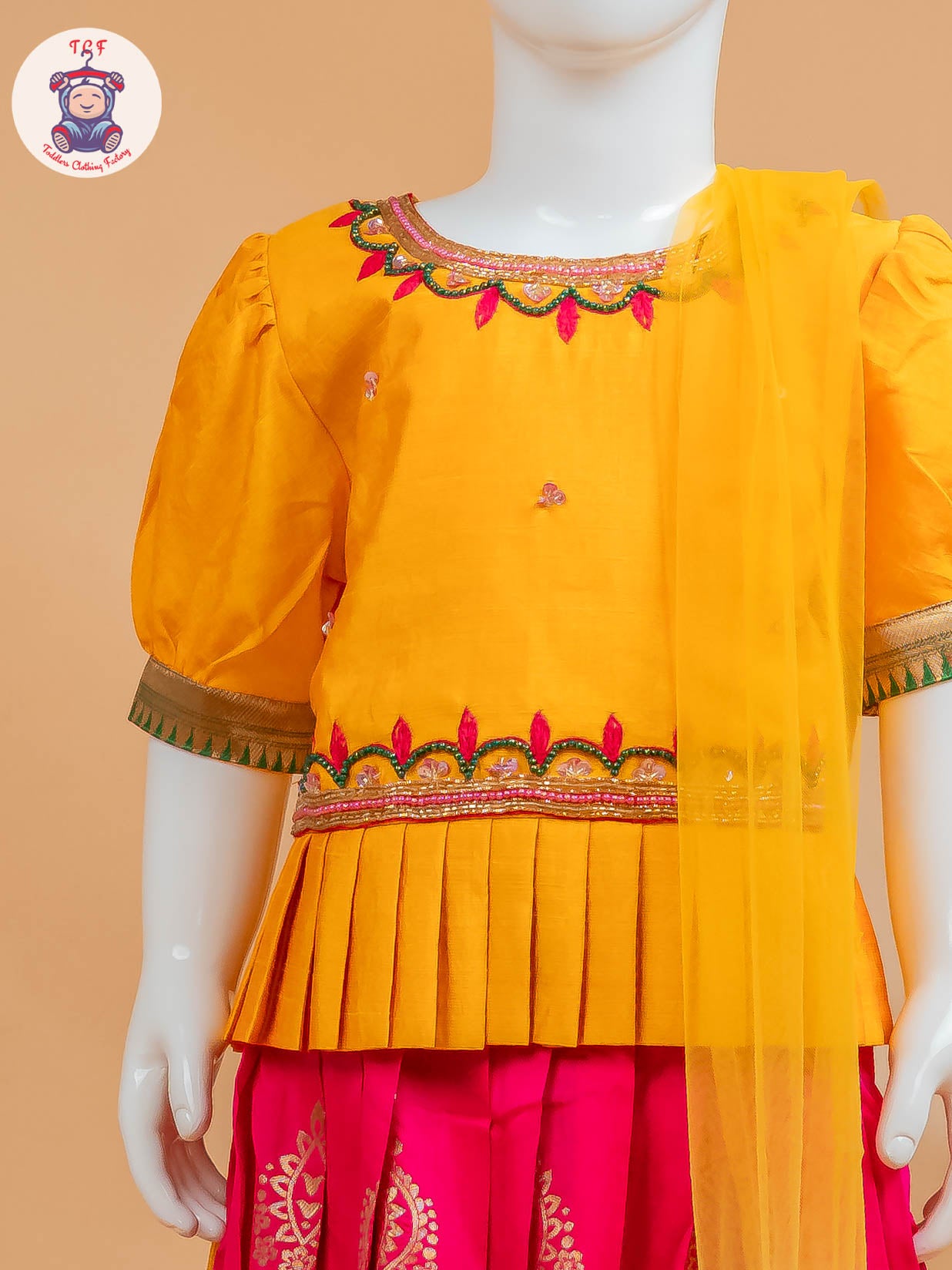 Yellow & Red Floral Print - Semi Lehenga Choli