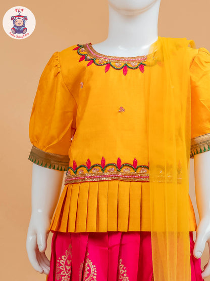 Yellow & Red Floral Print - Semi Lehenga Choli
