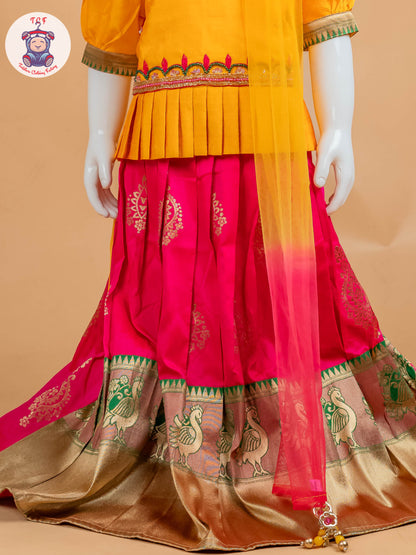 Yellow & Red Floral Print - Semi Lehenga Choli