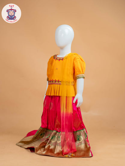 Yellow & Red Floral Print - Semi Lehenga Choli