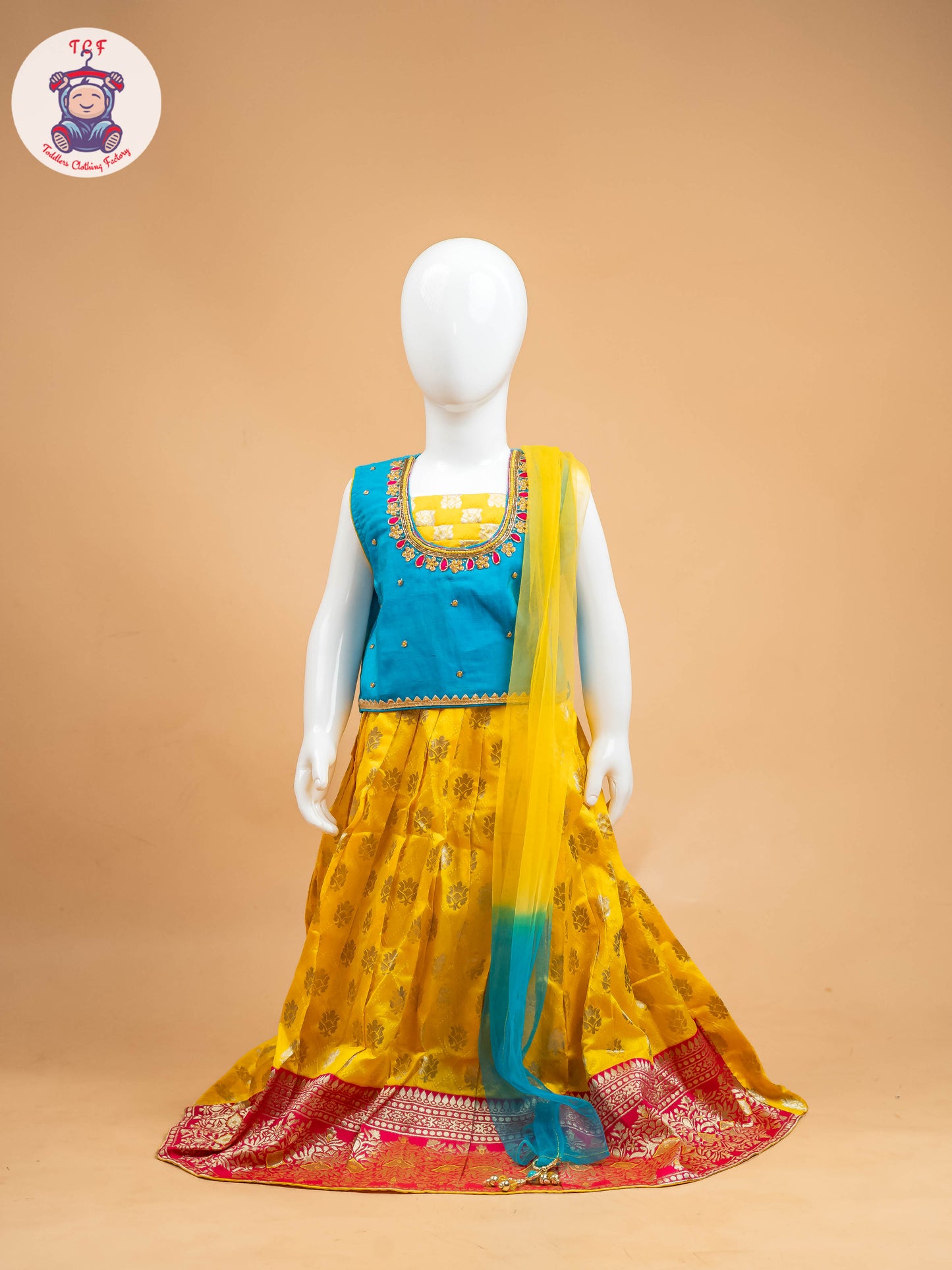 Yellow & Blue Floral Print - Semi Leghanga Choli