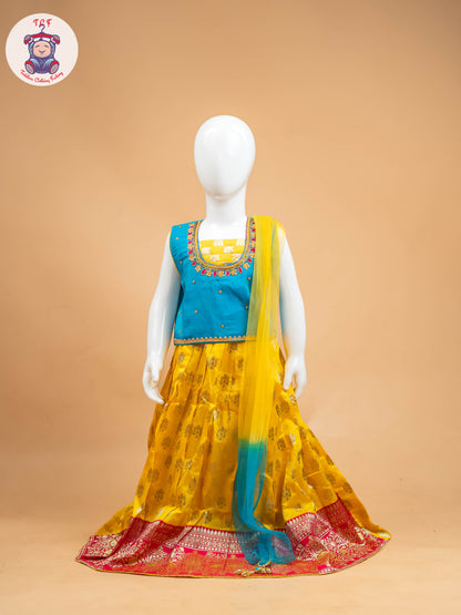 Yellow & Blue Floral Print - Semi Leghanga Choli