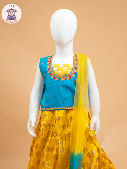 Yellow & Blue Floral Print - Semi Leghanga Choli