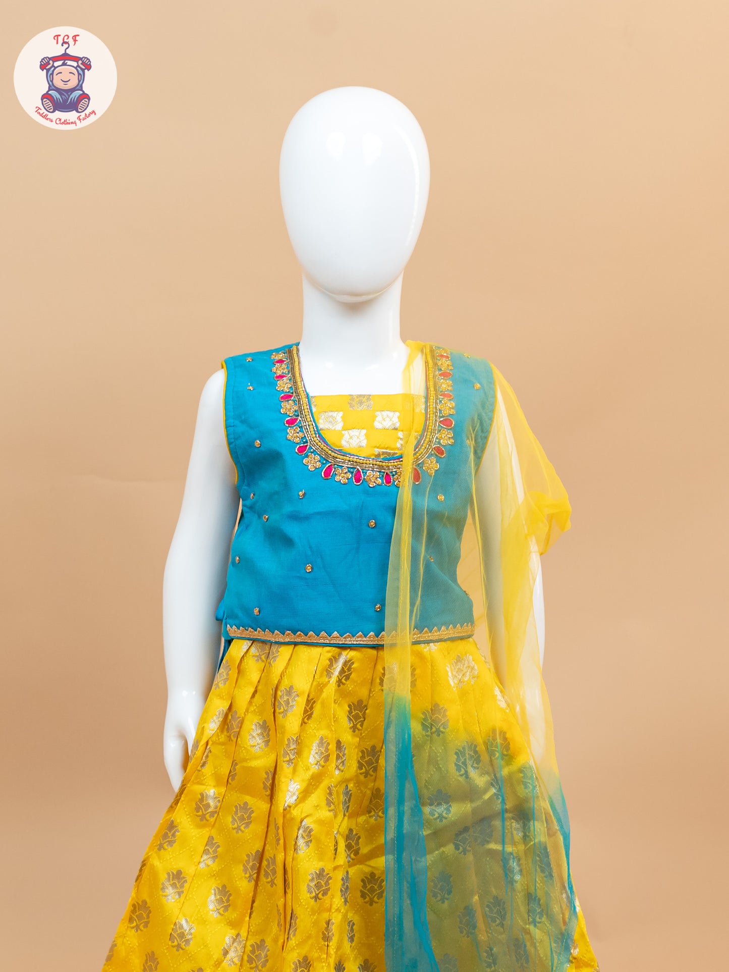 Yellow & Blue Floral Print - Semi Lehenga Choli
