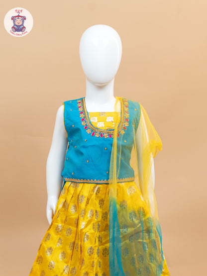 Yellow & Blue Floral Print - Semi Lehenga Choli