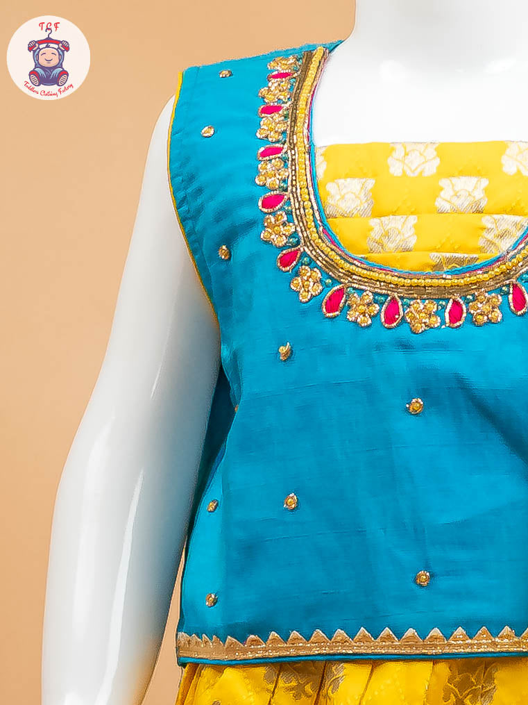 Yellow & Blue Floral Print - Semi Leghanga Choli
