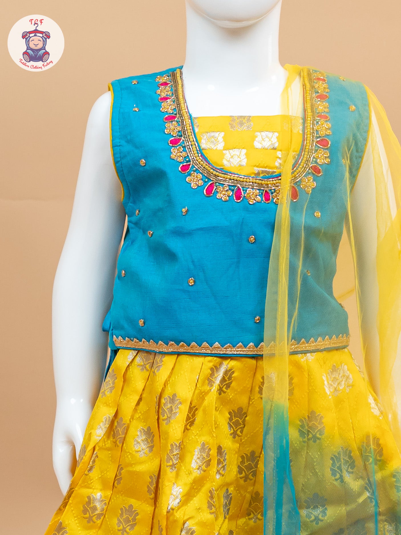 Yellow & Blue Floral Print - Semi Lehenga Choli