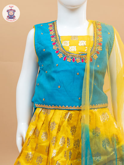 Yellow & Blue Floral Print - Semi Lehenga Choli