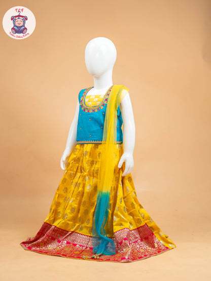 Yellow & Blue Floral Print - Semi Leghanga Choli