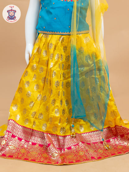 Yellow & Blue Floral Print - Semi Lehenga Choli