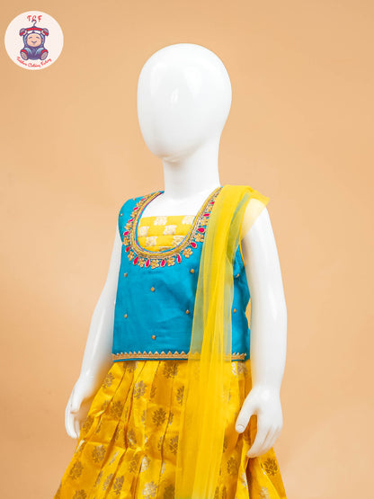 Yellow & Blue Floral Print - Semi Leghanga Choli