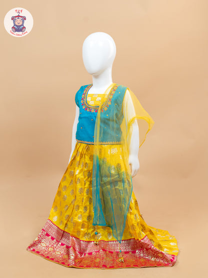 Yellow & Blue Floral Print - Semi Lehenga Choli