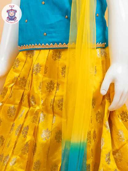 Yellow & Blue Floral Print - Semi Leghanga Choli