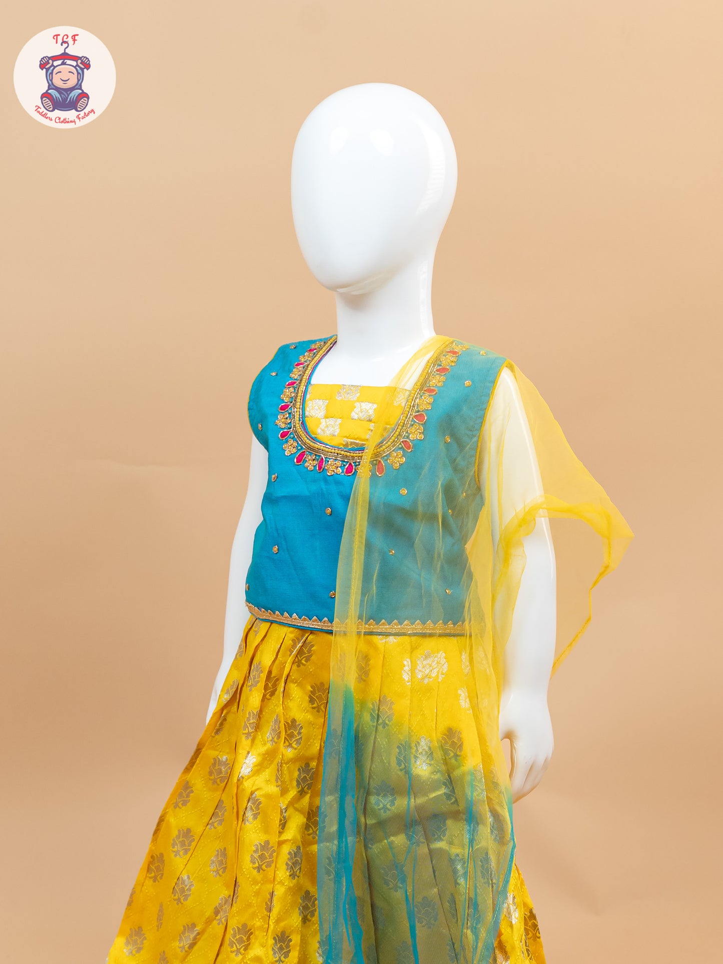 Yellow & Blue Floral Print - Semi Lehenga Choli