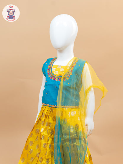 Yellow & Blue Floral Print - Semi Lehenga Choli