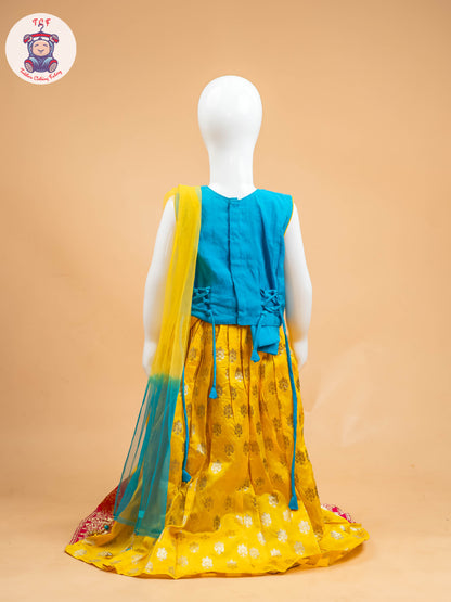 Yellow & Blue Floral Print - Semi Leghanga Choli