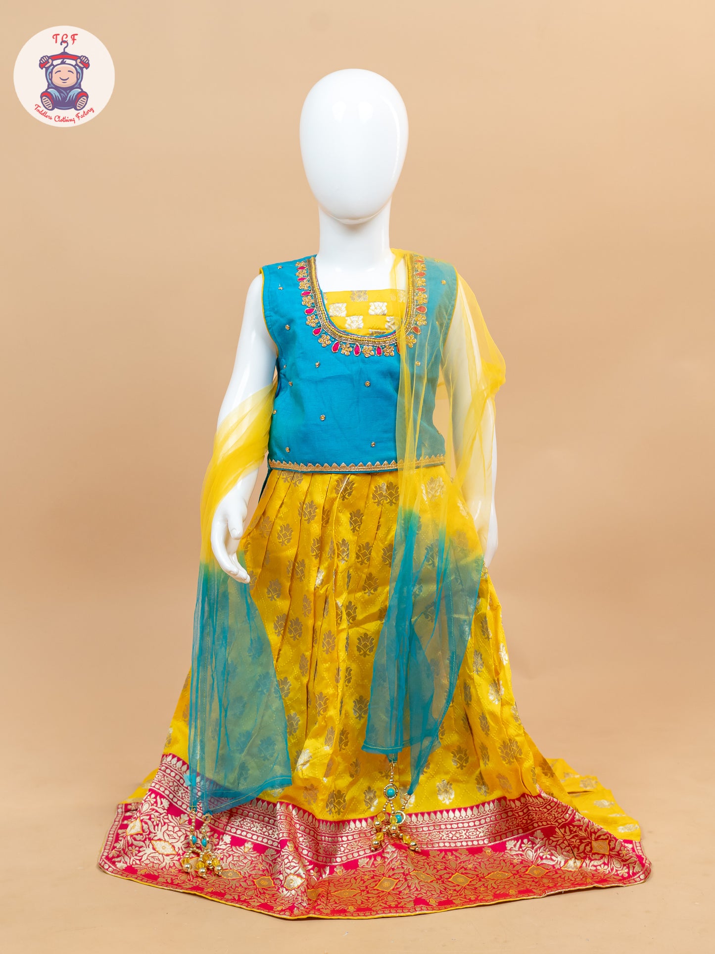 Yellow & Blue Floral Print - Semi Lehenga Choli