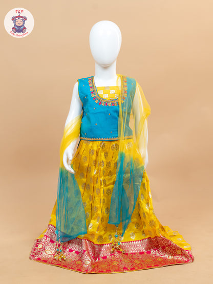 Yellow & Blue Floral Print - Semi Lehenga Choli