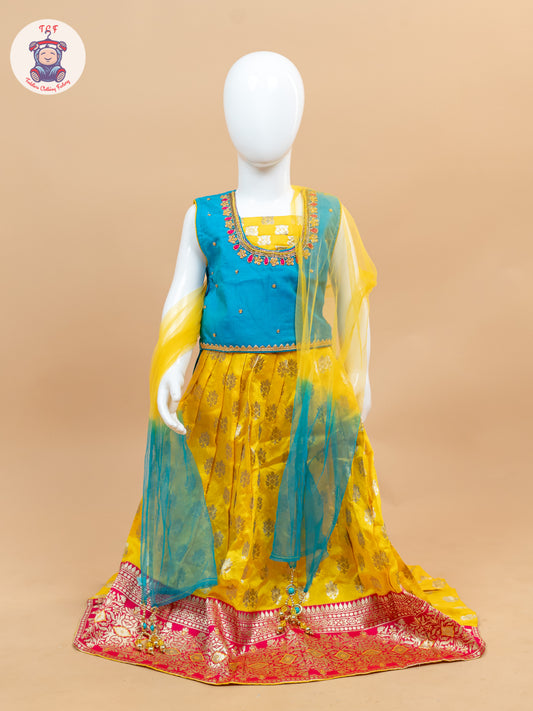 Yellow & Blue Floral Print - Semi Lehenga Choli