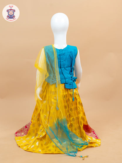 Yellow & Blue Floral Print - Semi Lehenga Choli