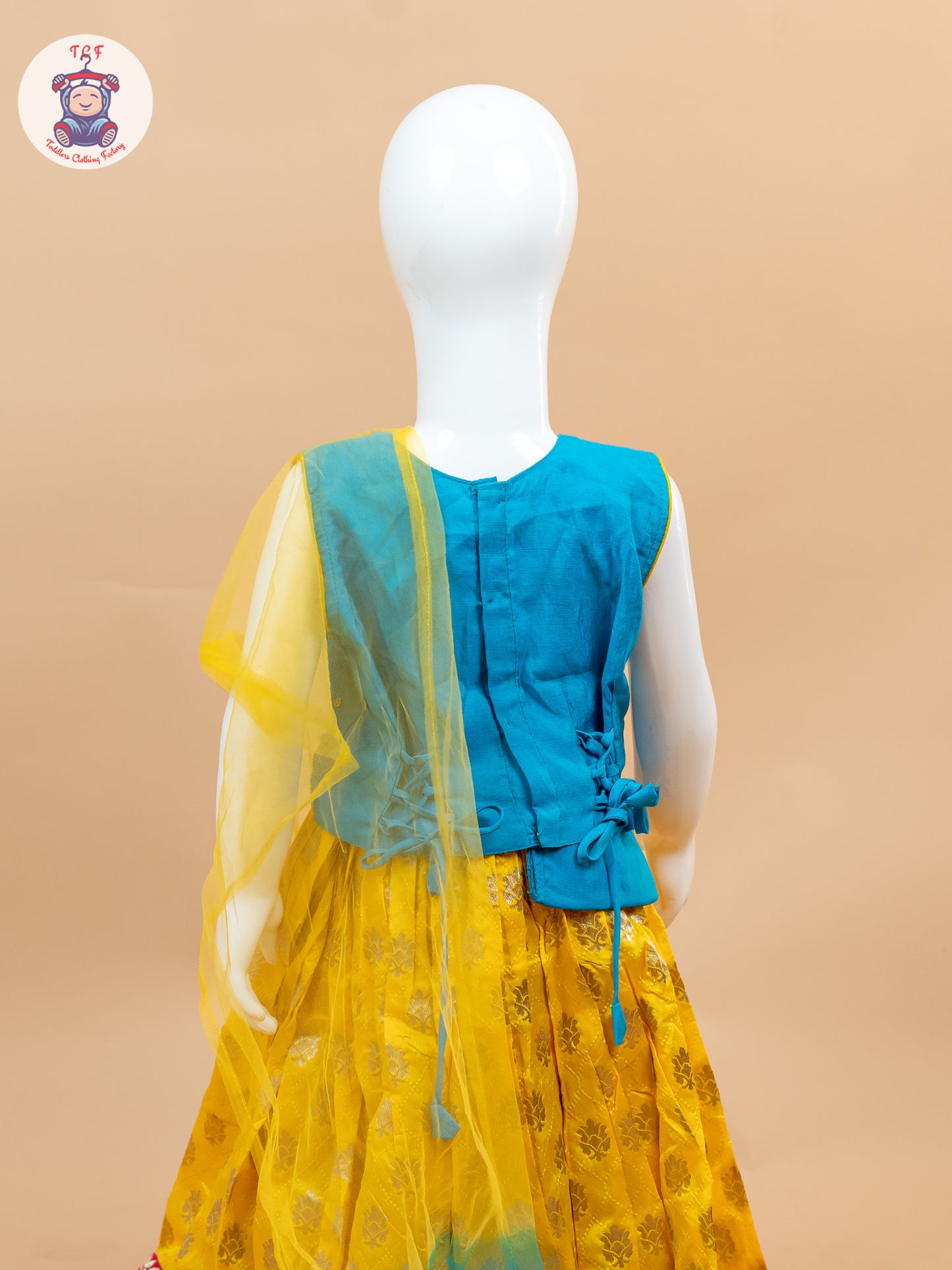 Yellow & Blue Floral Print - Semi Lehenga Choli