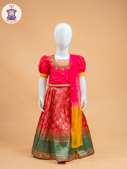 Pink & Red Floral Print - Semi Lehenga Choli