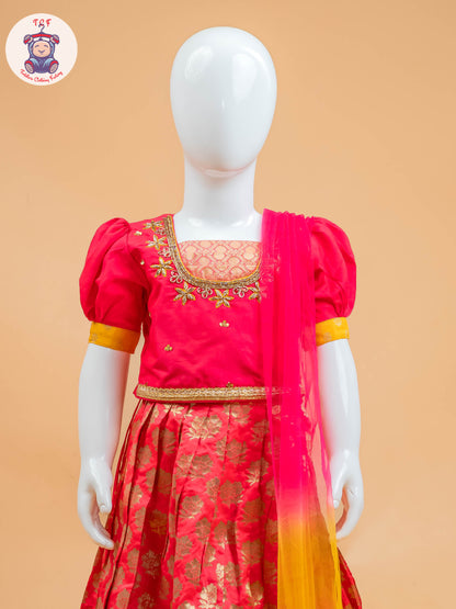 Pink & Red Floral Print - Semi Lehenga Choli