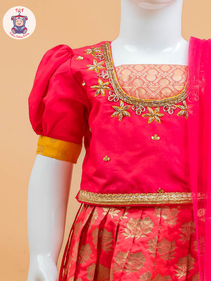 Pink & Red Floral Print - Semi Lehenga Choli