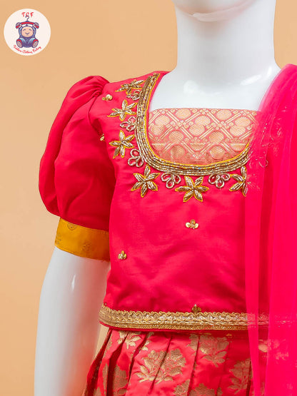 Pink & Red Floral Print - Semi Lehenga Choli