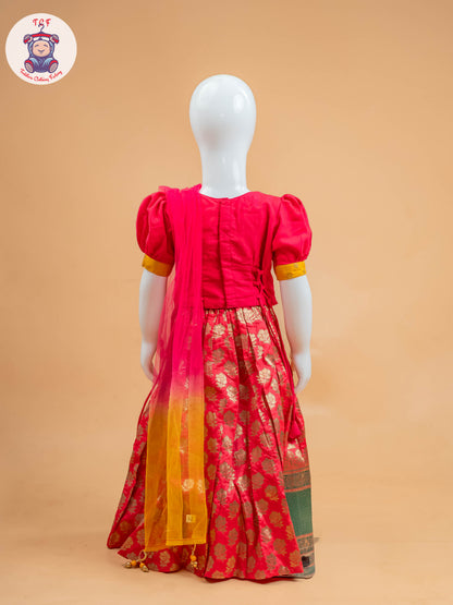 Pink & Red Floral Print - Semi Lehenga Choli