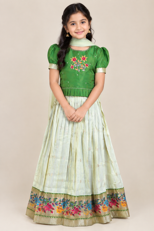 Green - Floral Printed Girls Lehenga Choli