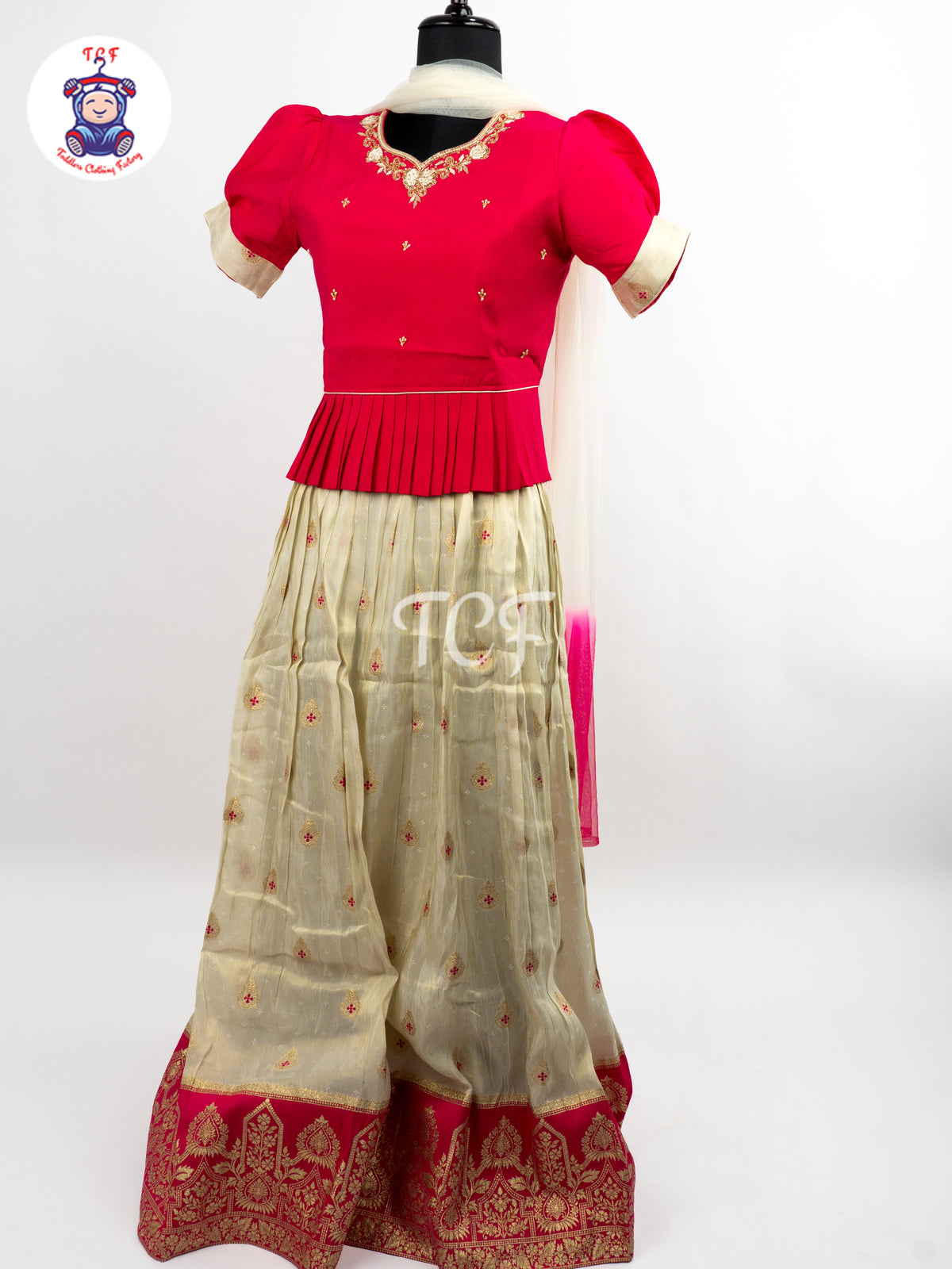 Pink & Floral Printed Lehenga Choli with Netted Dupatta – Girls Lehenga